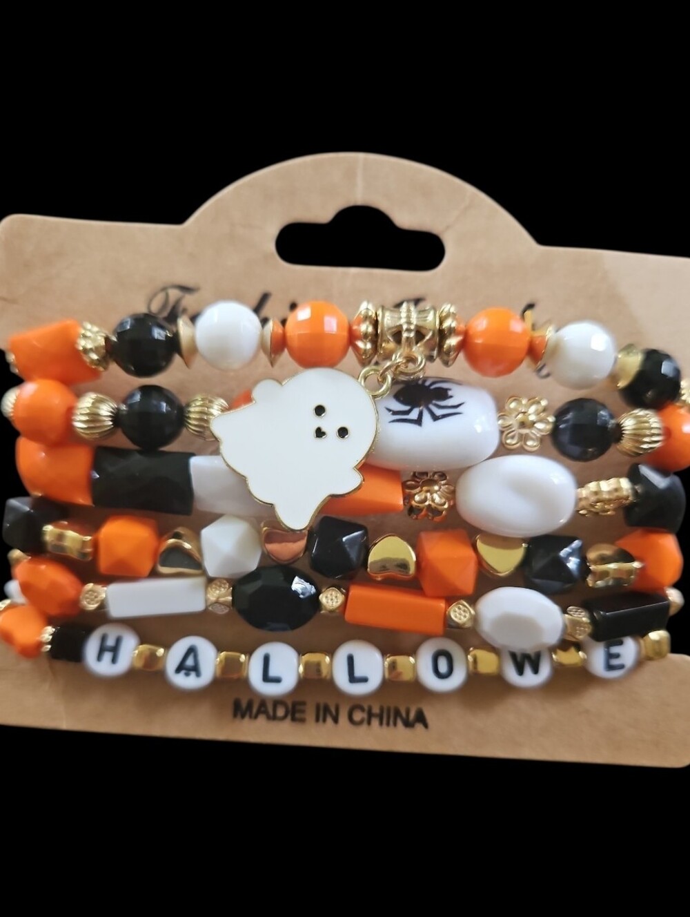 4 for $24 | Halloween Ghost Beaded Bracelet Set - Orange, Black & White